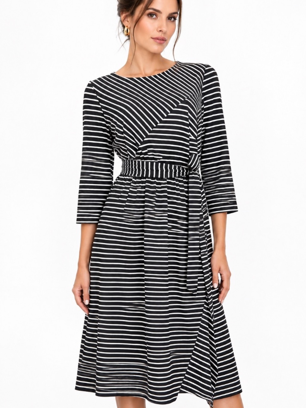 Lane Bryant Black White Stripe 3/4 Sleeve Asymmetrical Midi Dress 14/16 Preppy